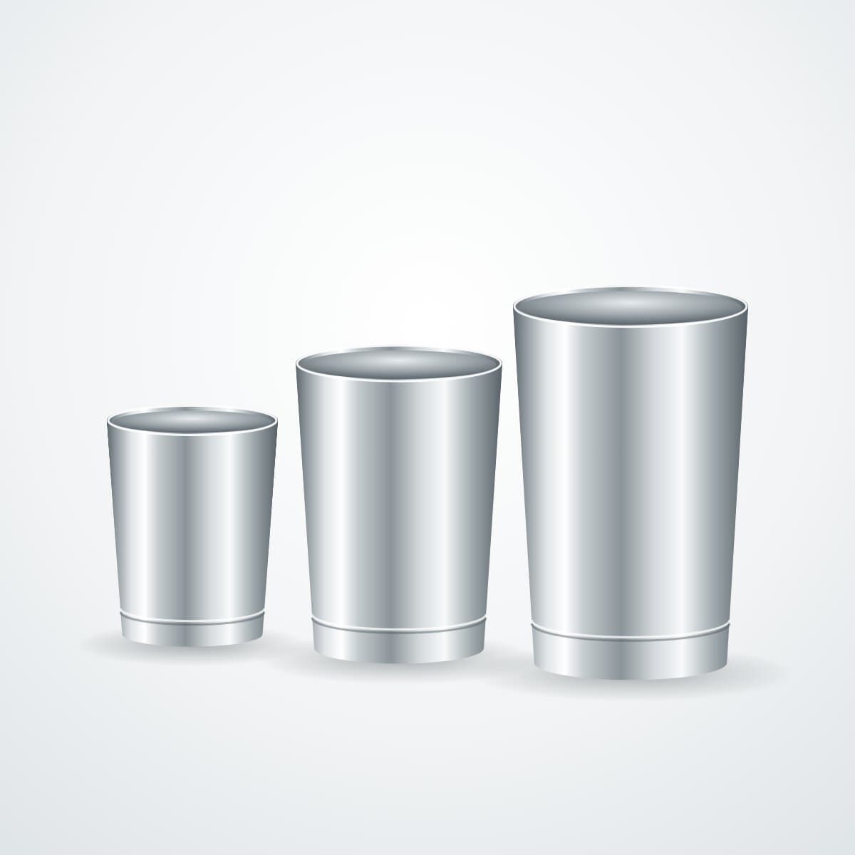 Three mirror-polished stainless-steel tumbler cups in small, medium and large sizes