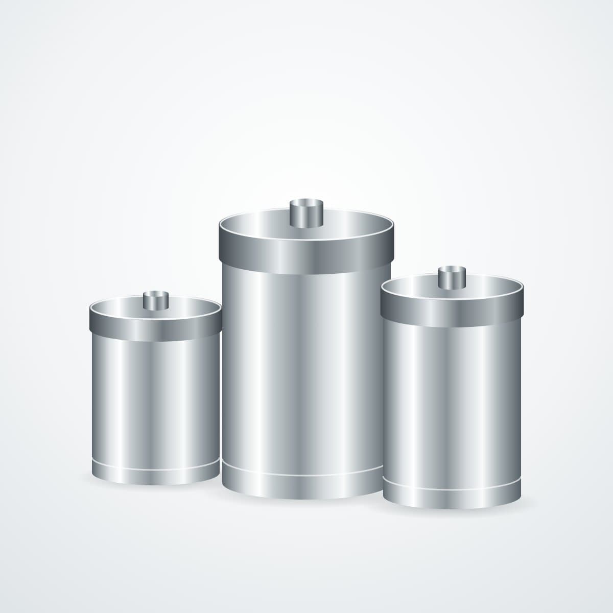Set of three stainless-steel storage canisters with steel lids and knobs