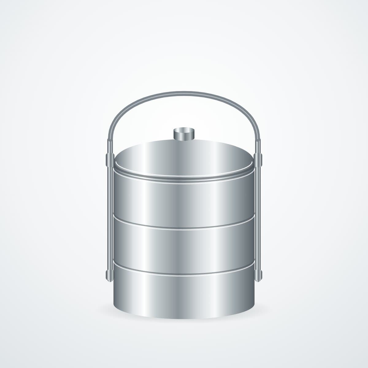 Three-tier stainless-steel tiffin box with side clamps and a carry handle